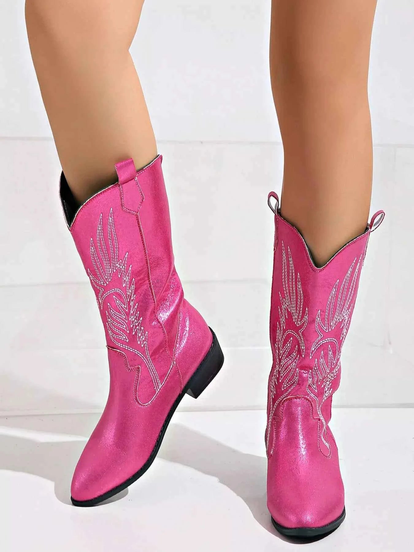 Embroidered Block Heels Boots Hot Pink Trendsi
