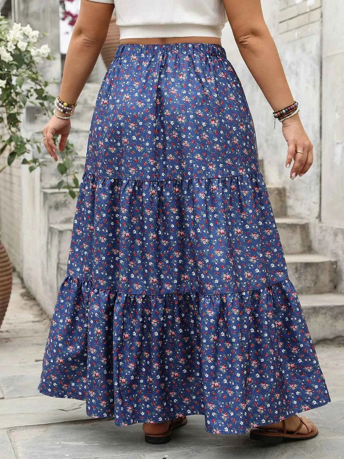 Plus Size Floral Elastic Waist Boho Maxi Skirt Trendsi