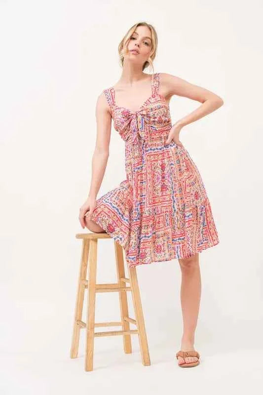 And The Why Tied Front Smocked Back Tiered Boho Printed Dress Trendsi