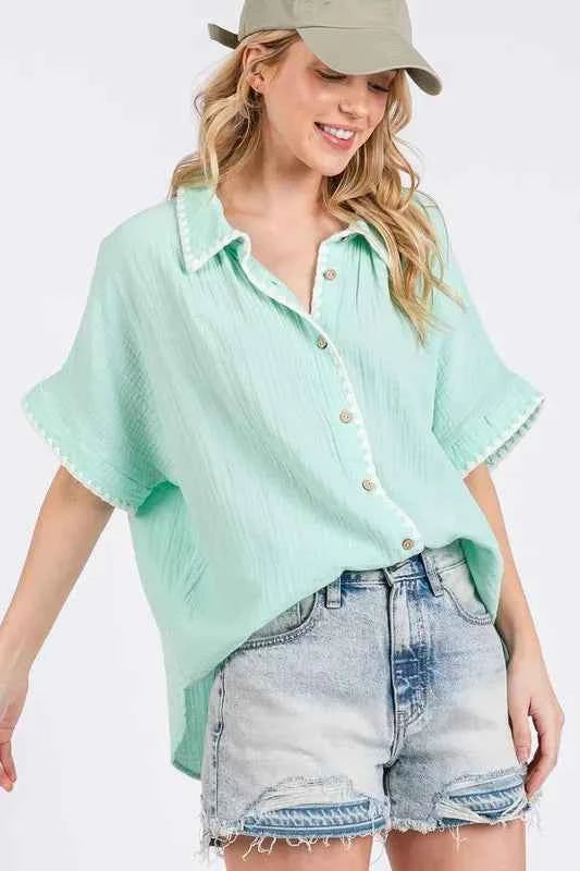 SAGE+FIG Boho Zigzag Trim Gauze Button-Up Shirt Trendsi