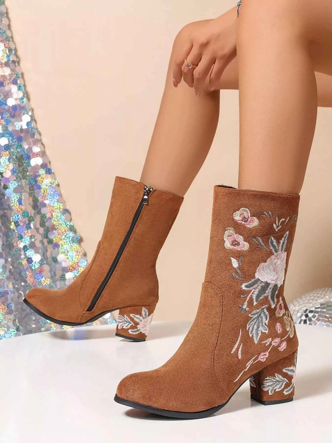 Floral Embroidered Block Heel Boots Trendsi