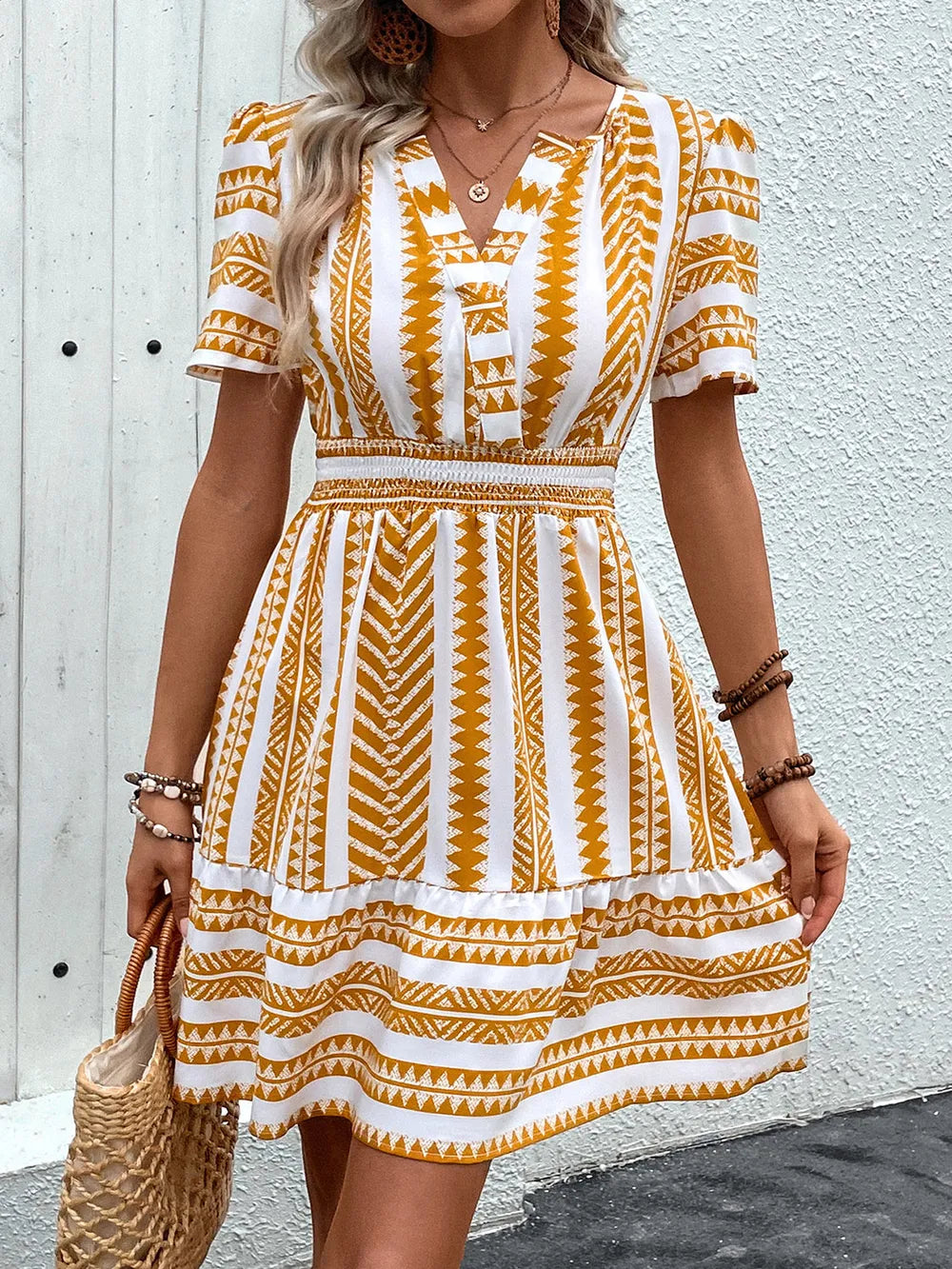 Perfee Geometric Notched Short Sleeve Mini Dress Mustard Trendsi