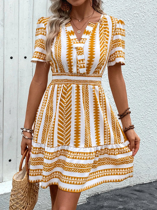 Perfee Geometric Notched Short Sleeve Mini Dress Mustard Trendsi