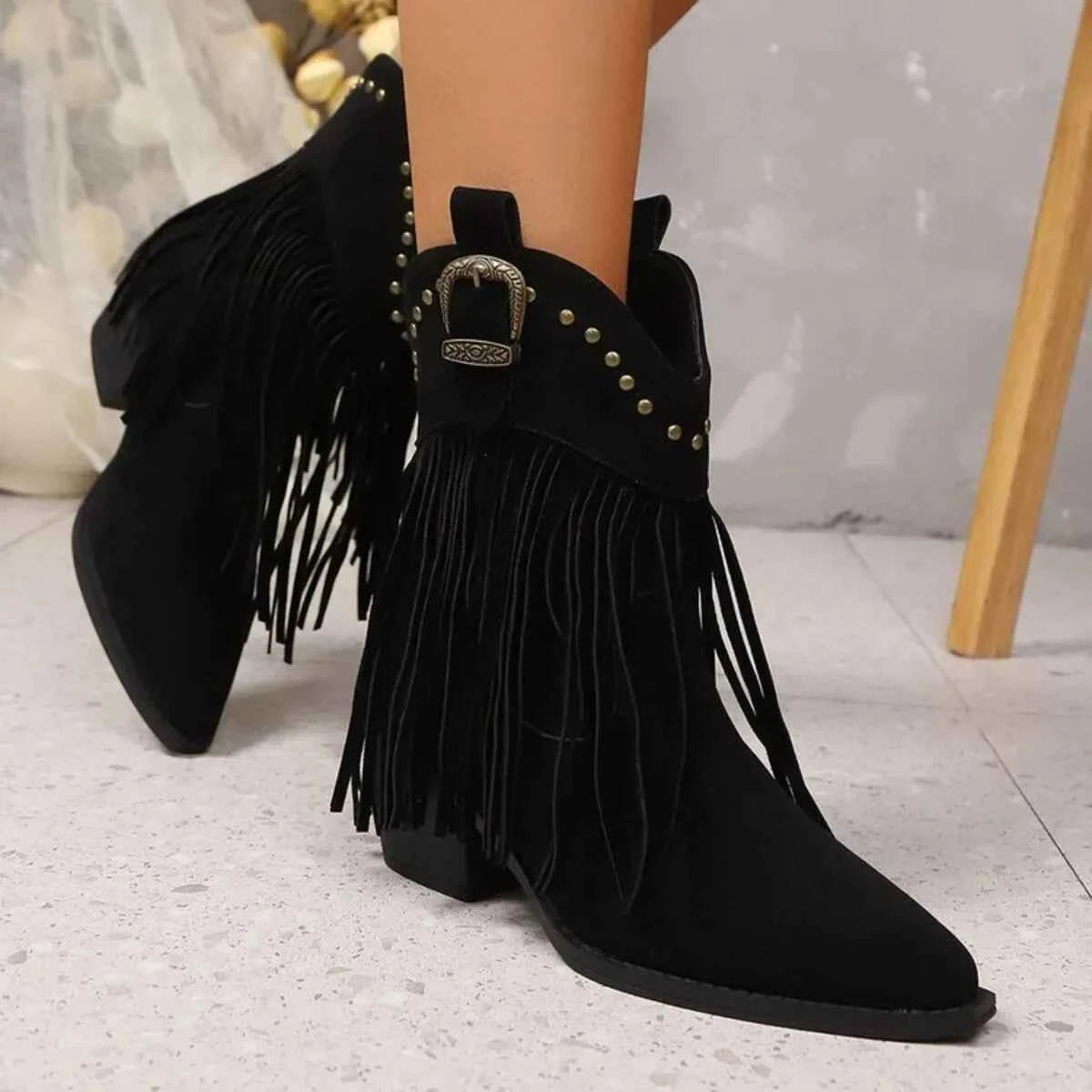 Fringe Point Toe Block Heels Boots Trendsi