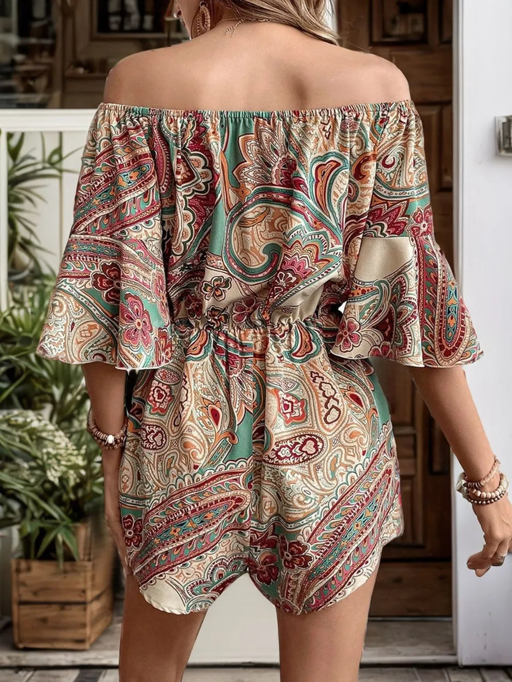 Perfee Printed Off Shoulder Half Sleeve Romper Trendsi