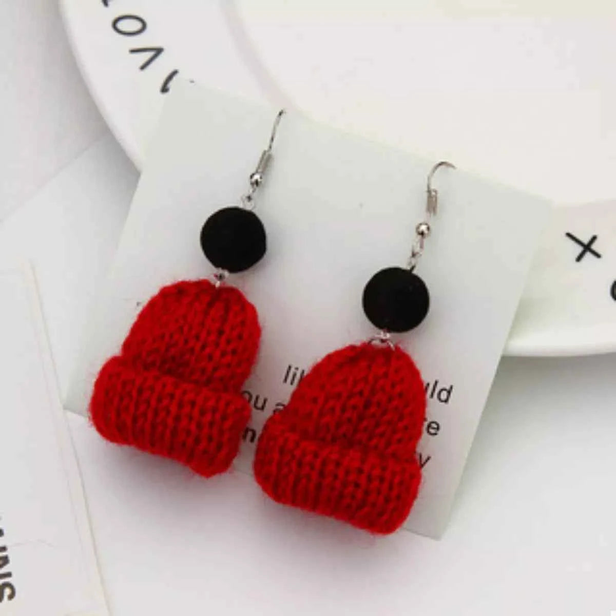 Christmas Knitted Beanie Earrings Deep Red onesize Trendsi