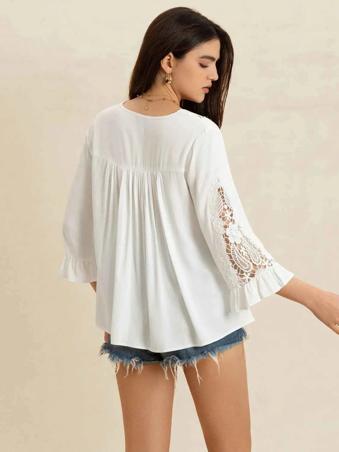 V-Neck Lace Flounce Sleeve Top Trendsi