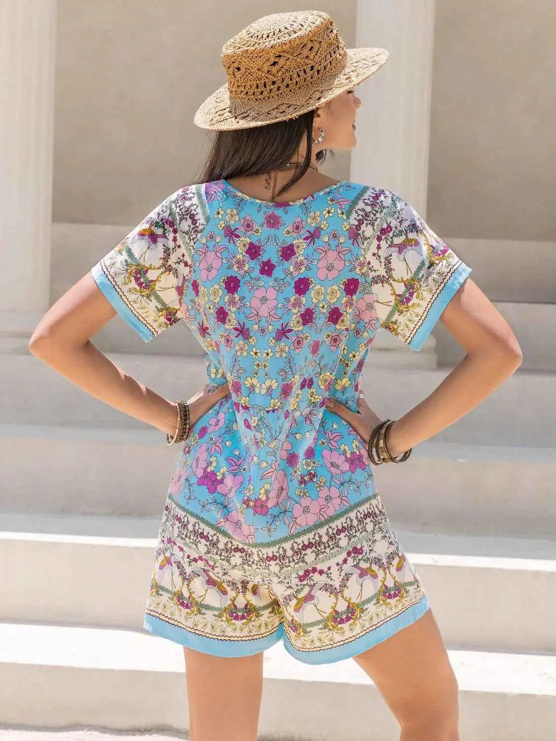 Tied Front Printed Short Sleeve Romper Trendsi