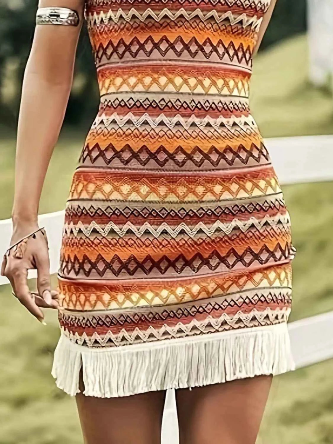 Fringe Grecian Neck Mini Dress Trendsi