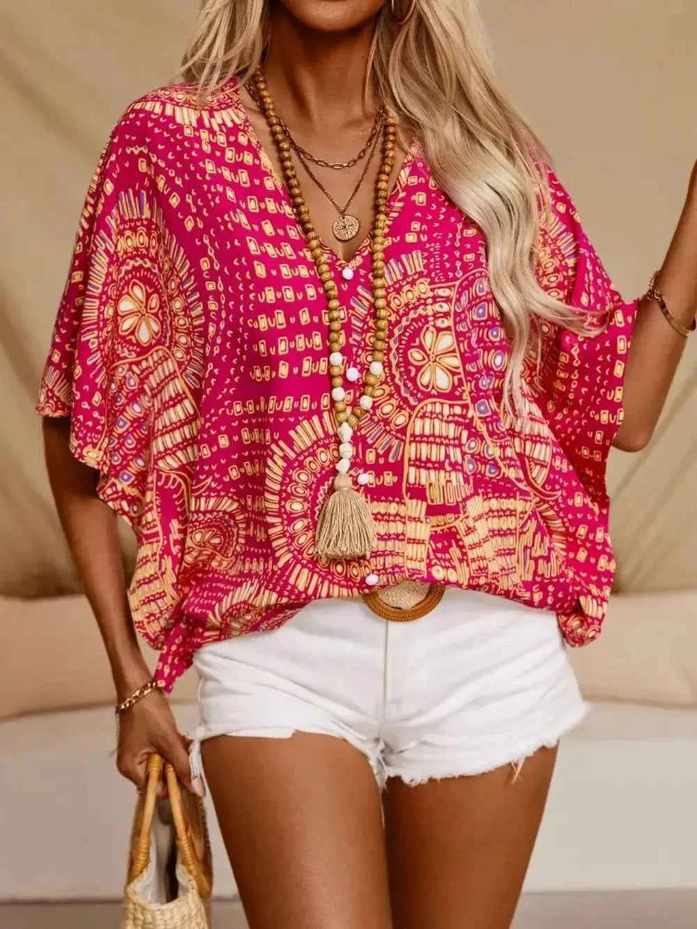 Printed V-Neck Half Sleeve Top Trendsi