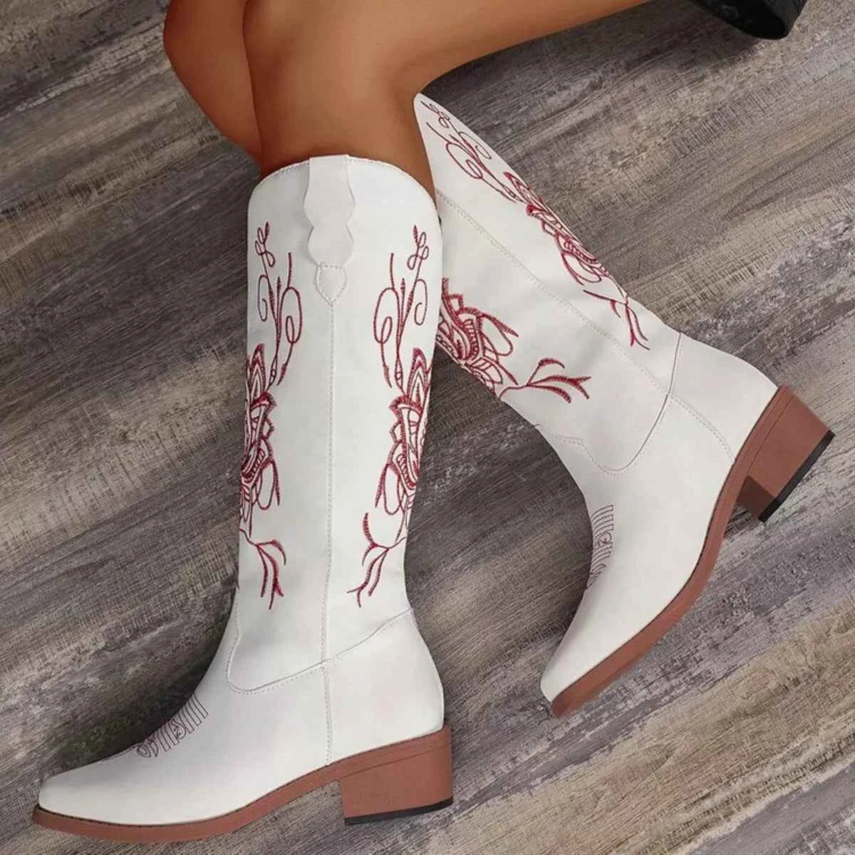 Embroidered Block Heels Boots Trendsi