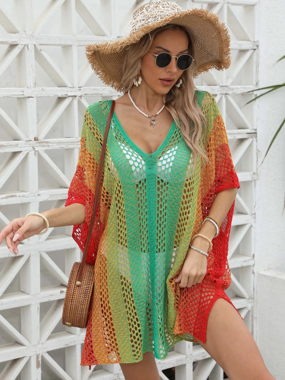 Rainbow Gradient Crochet Beach Cover Up Trendsi