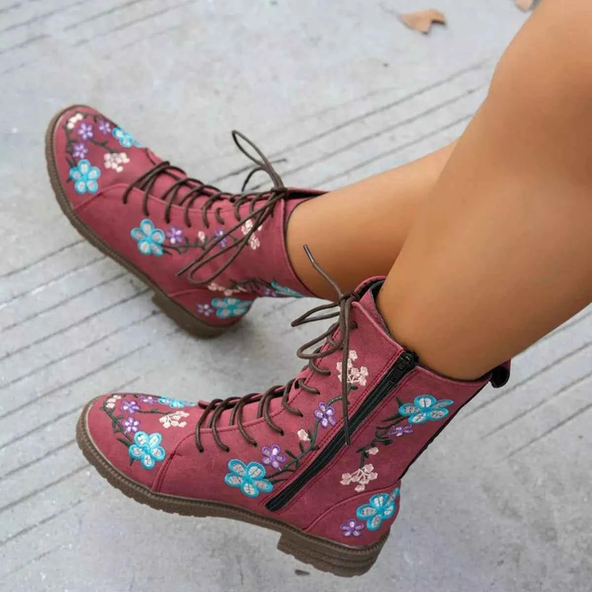 Round Toe Block Heels Boots Red Trendsi