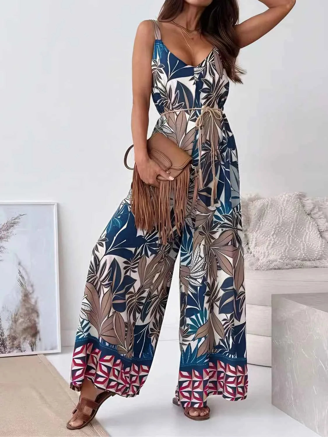 Printed V-Neck Wide Leg Jumpsuit Trendsi