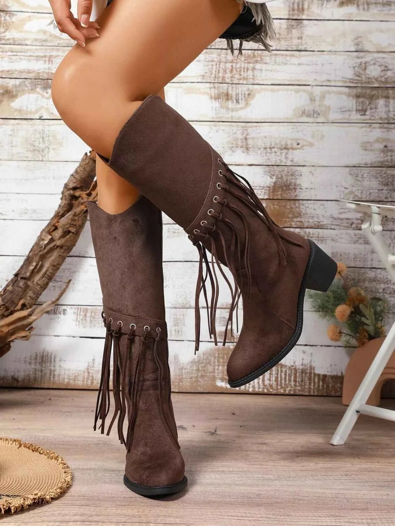 Fringe Point Toe Block Heels Boots Brown Trendsi