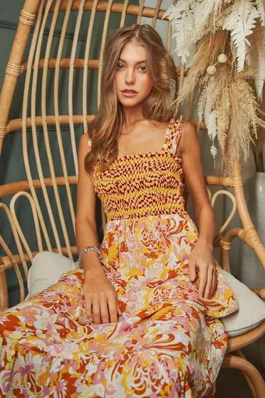 Davi & Dani Multi Smocked Bodice Geo Ruffle Strappy Midi Dress Trendsi