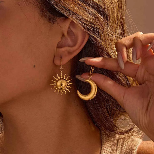 18K Gold-Plated Asymmetrical Sun & Moon Earrings Gold One Size Trendsi