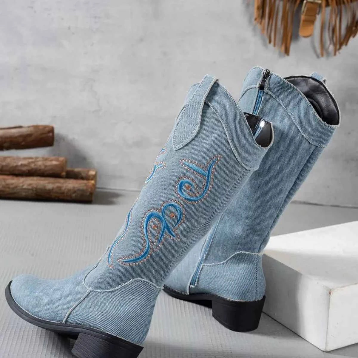 Embroidered Point Toe Block Heels Boots Trendsi