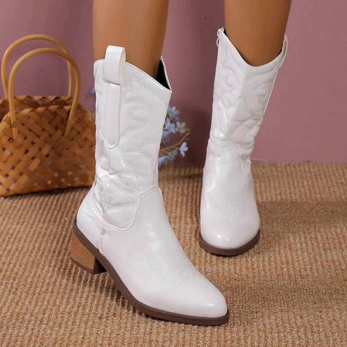 Point Toe Block Heels Boots White Trendsi