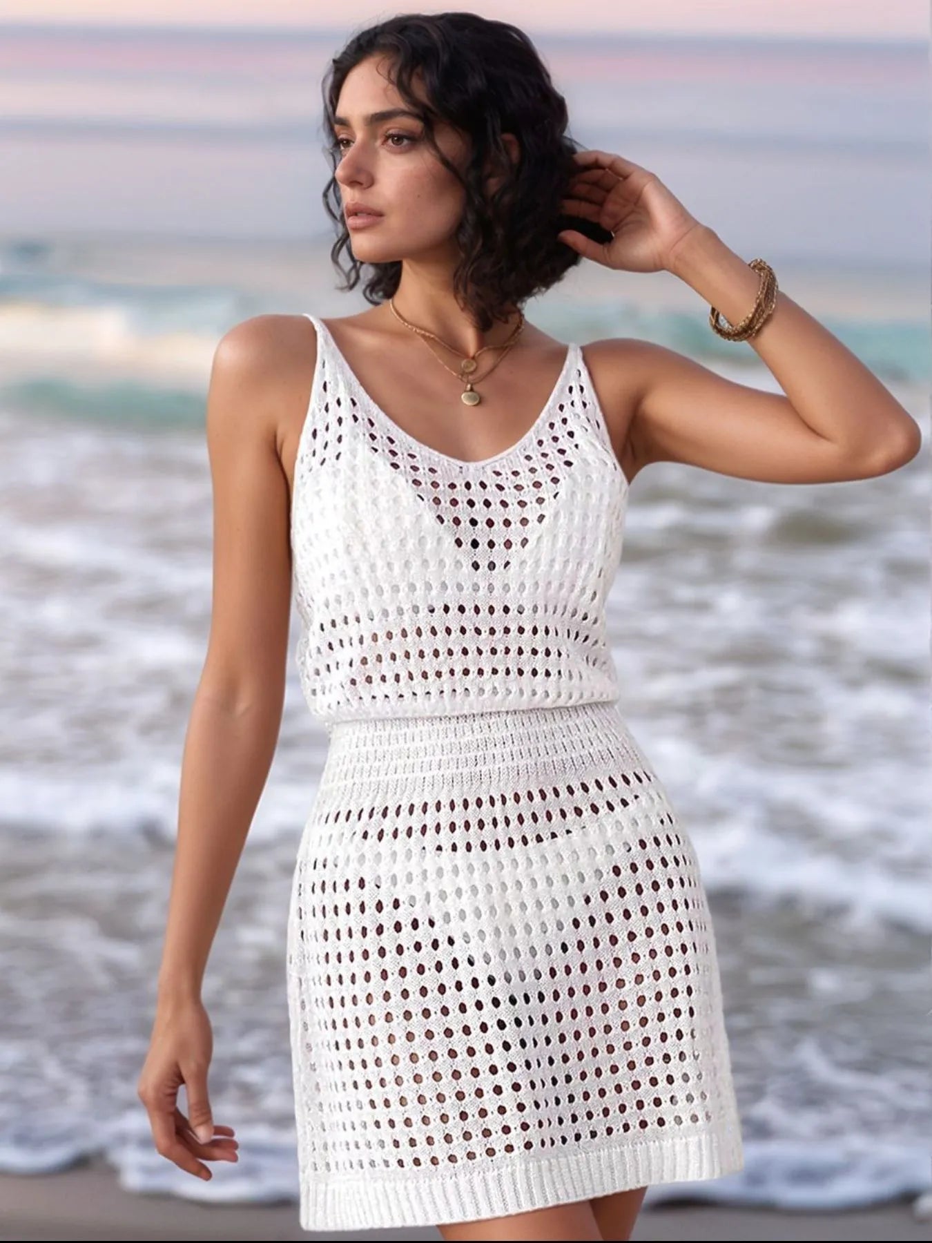 Openwork Sleeveless Knit Cover Up Dress White Trendsi