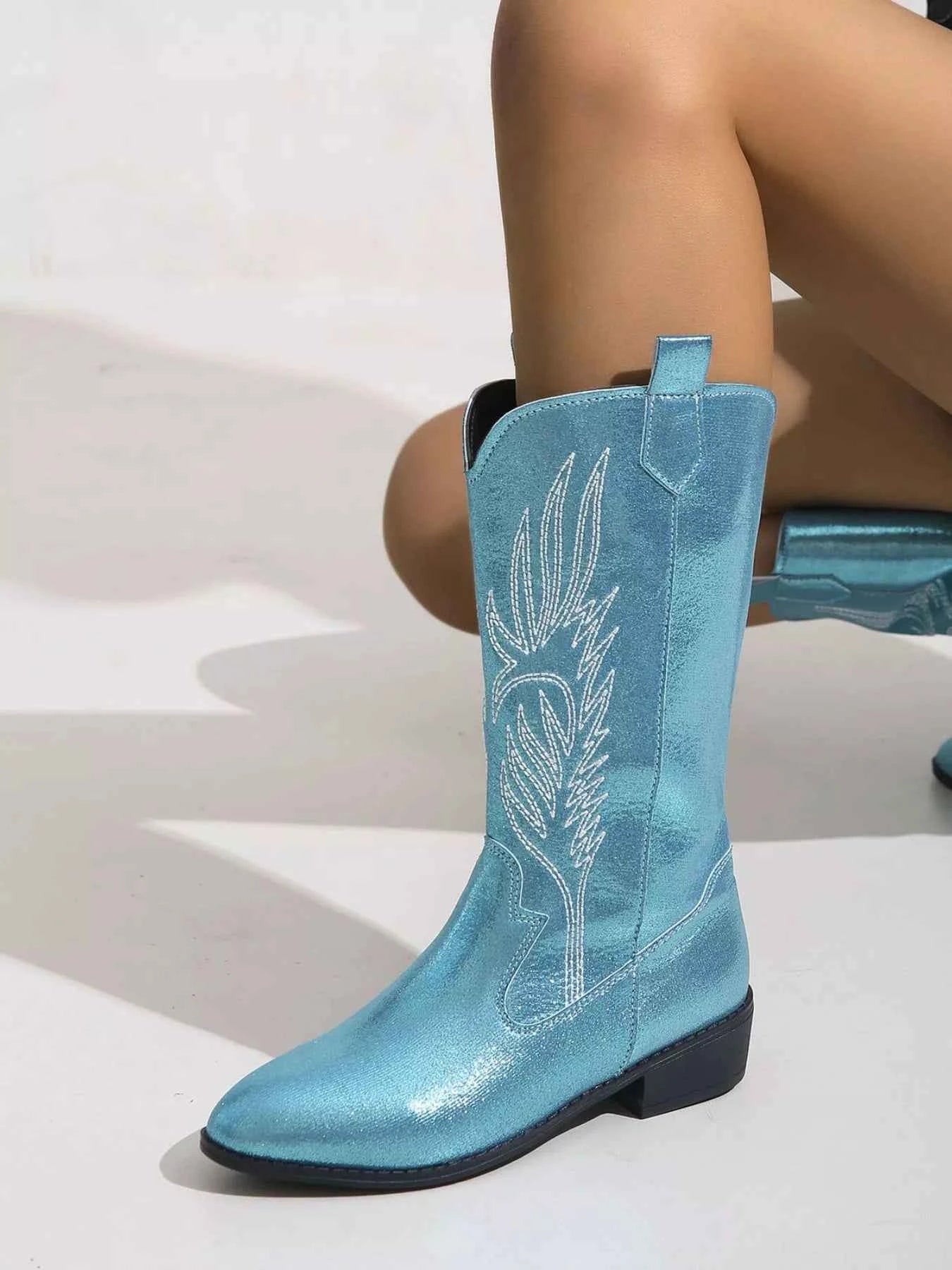 Embroidered Block Heels Boots Trendsi