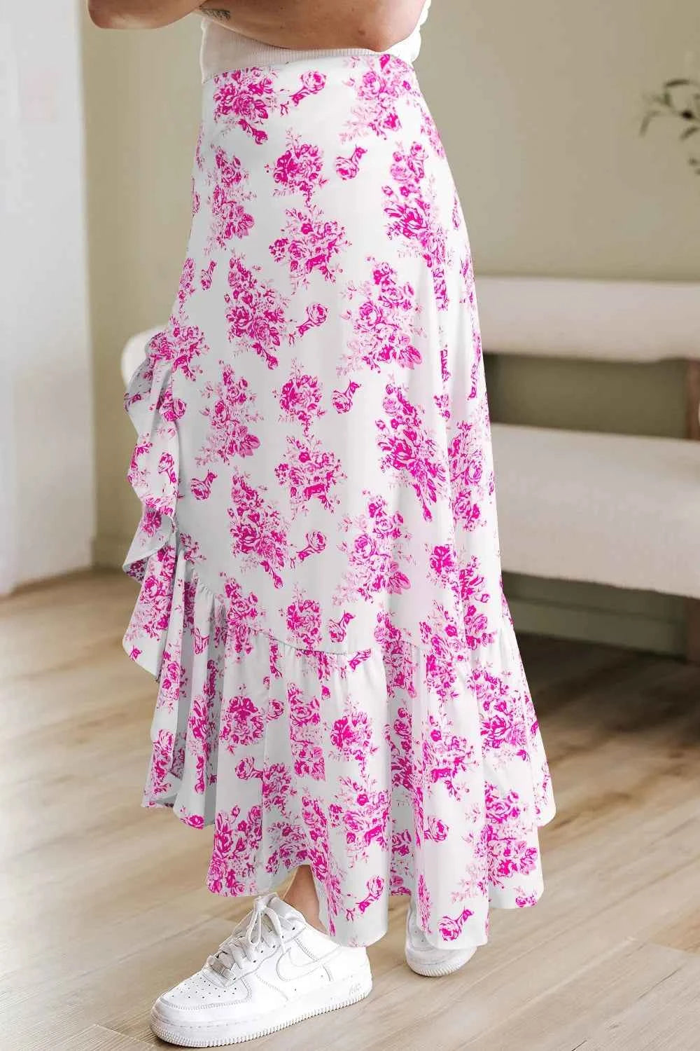 Boho Maxi Skirt with Floral Design and Ruffle Split Hem Trendsi