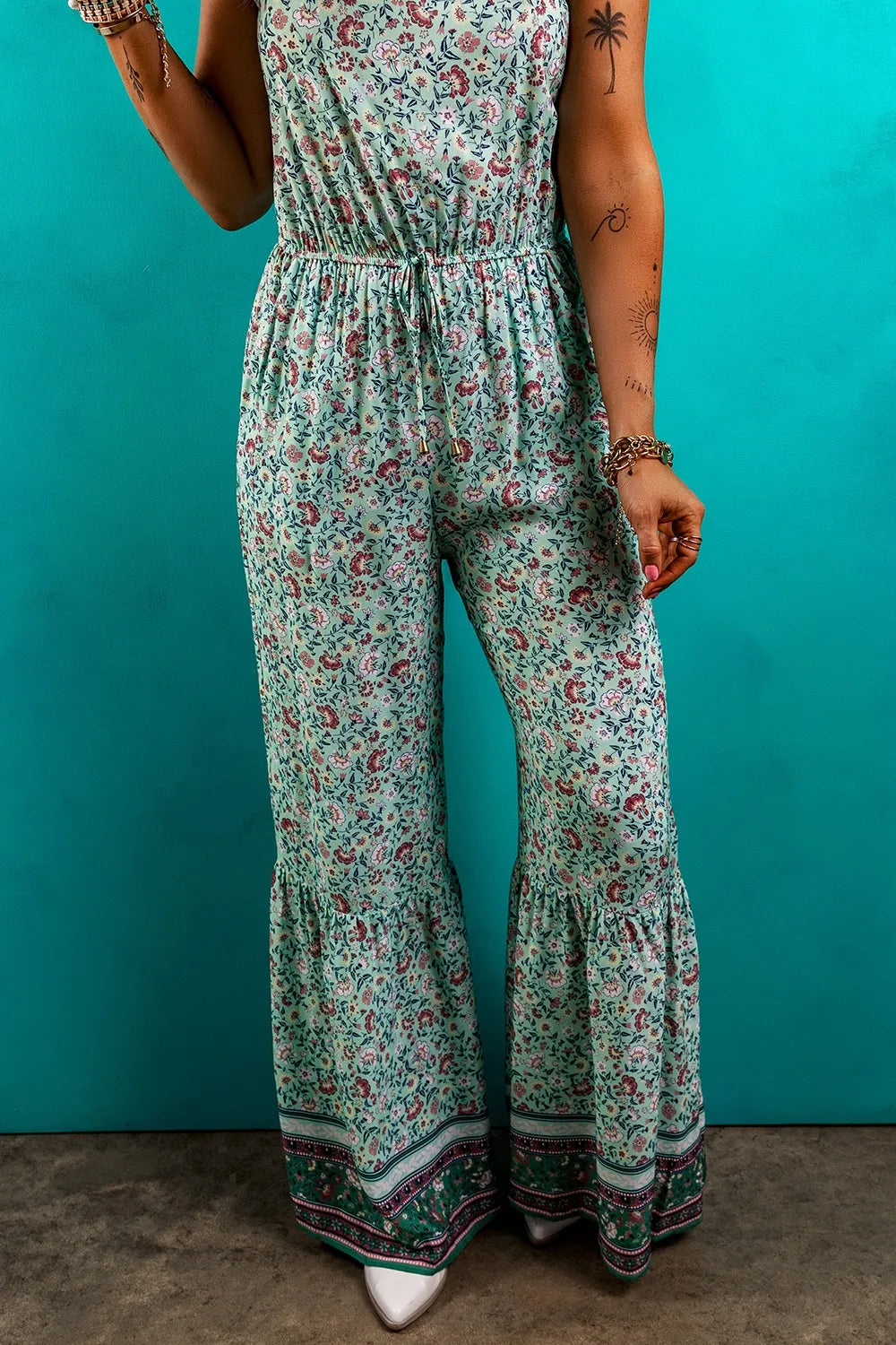 Bohemian Floral Ruffle Bottom Spaghetti Strap Jumpsuit Trendsi