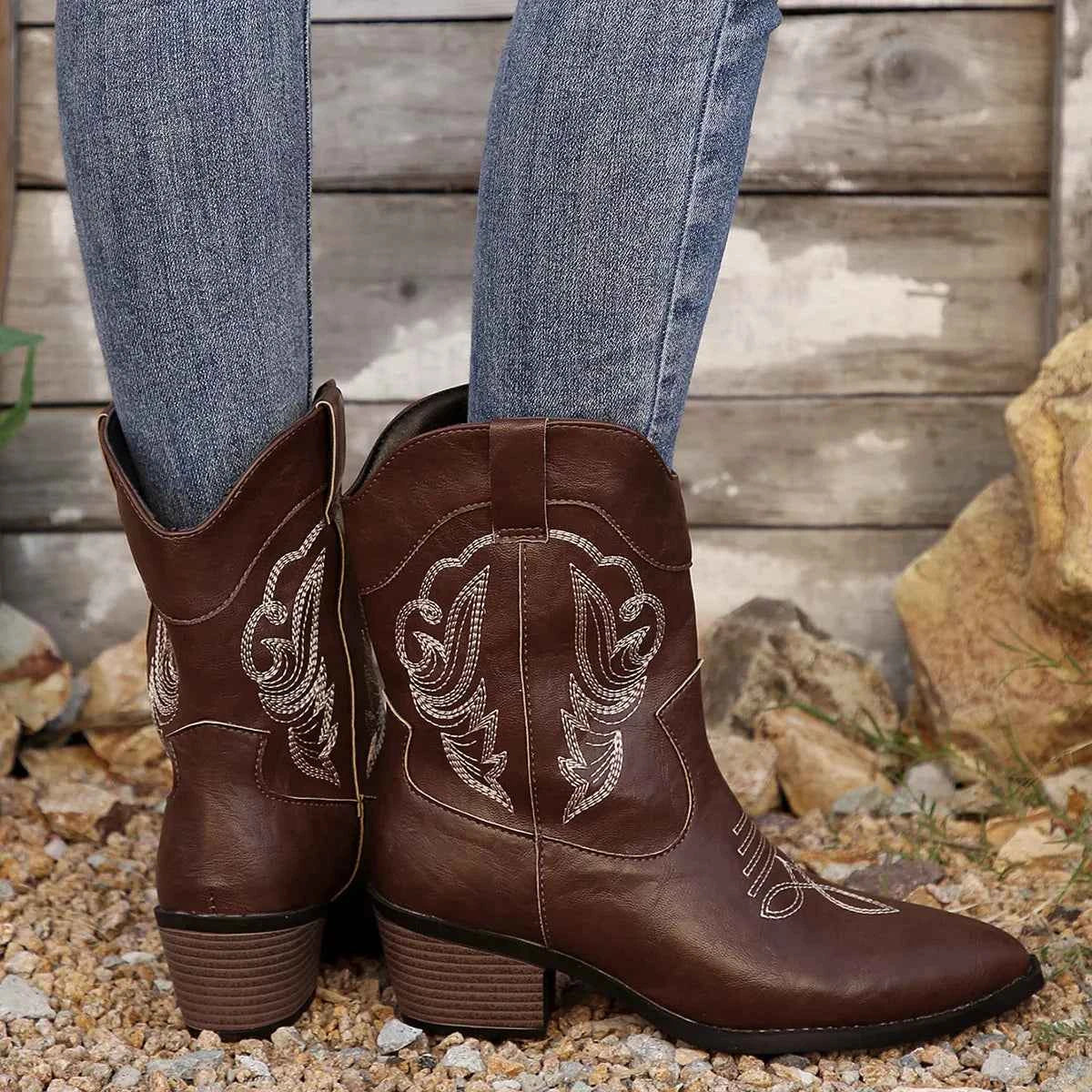 Western Cowboy Boots with Embroidered Design Brown Trendsi