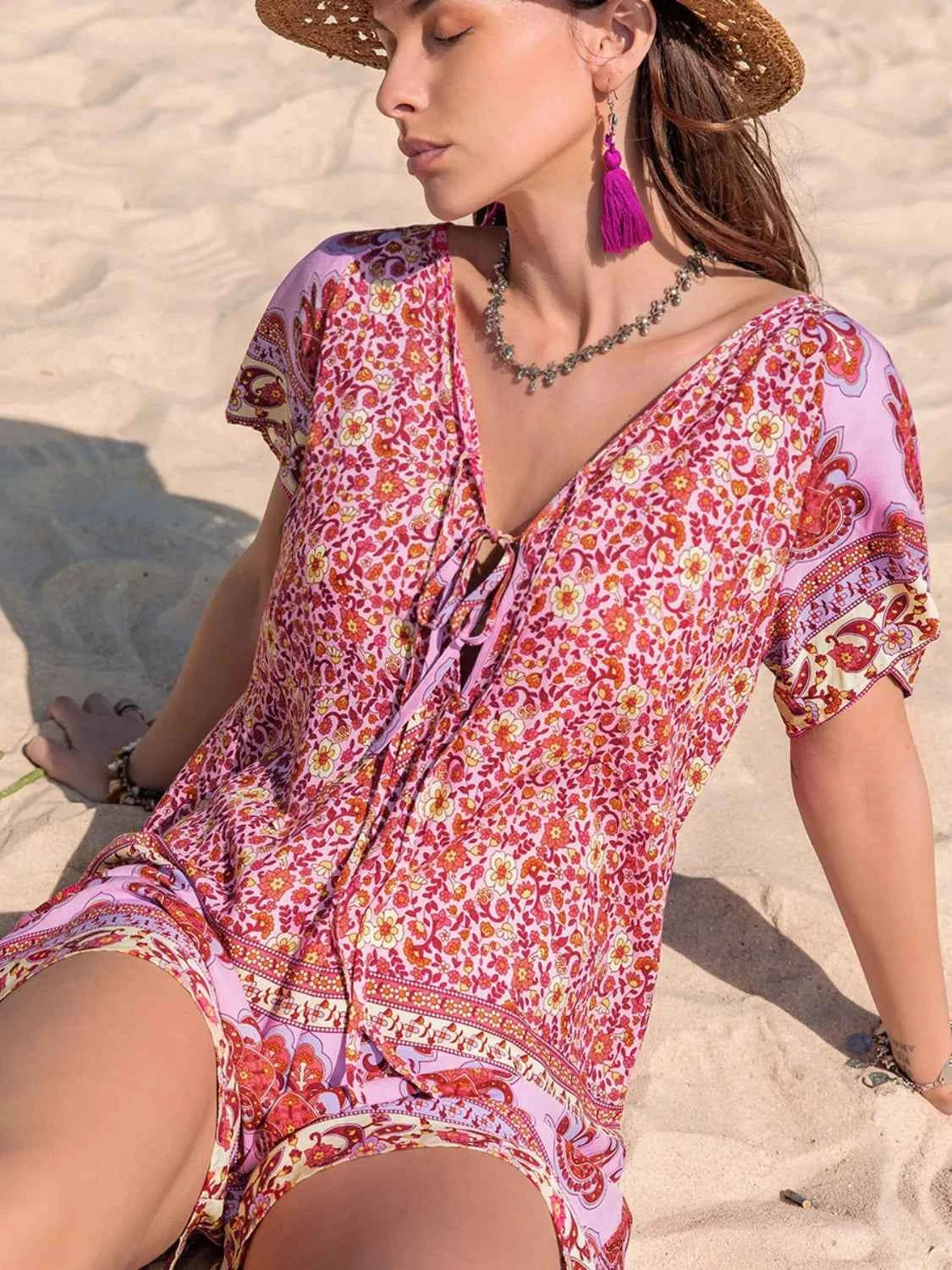 Printed V-Neck Short Sleeve Romper Trendsi