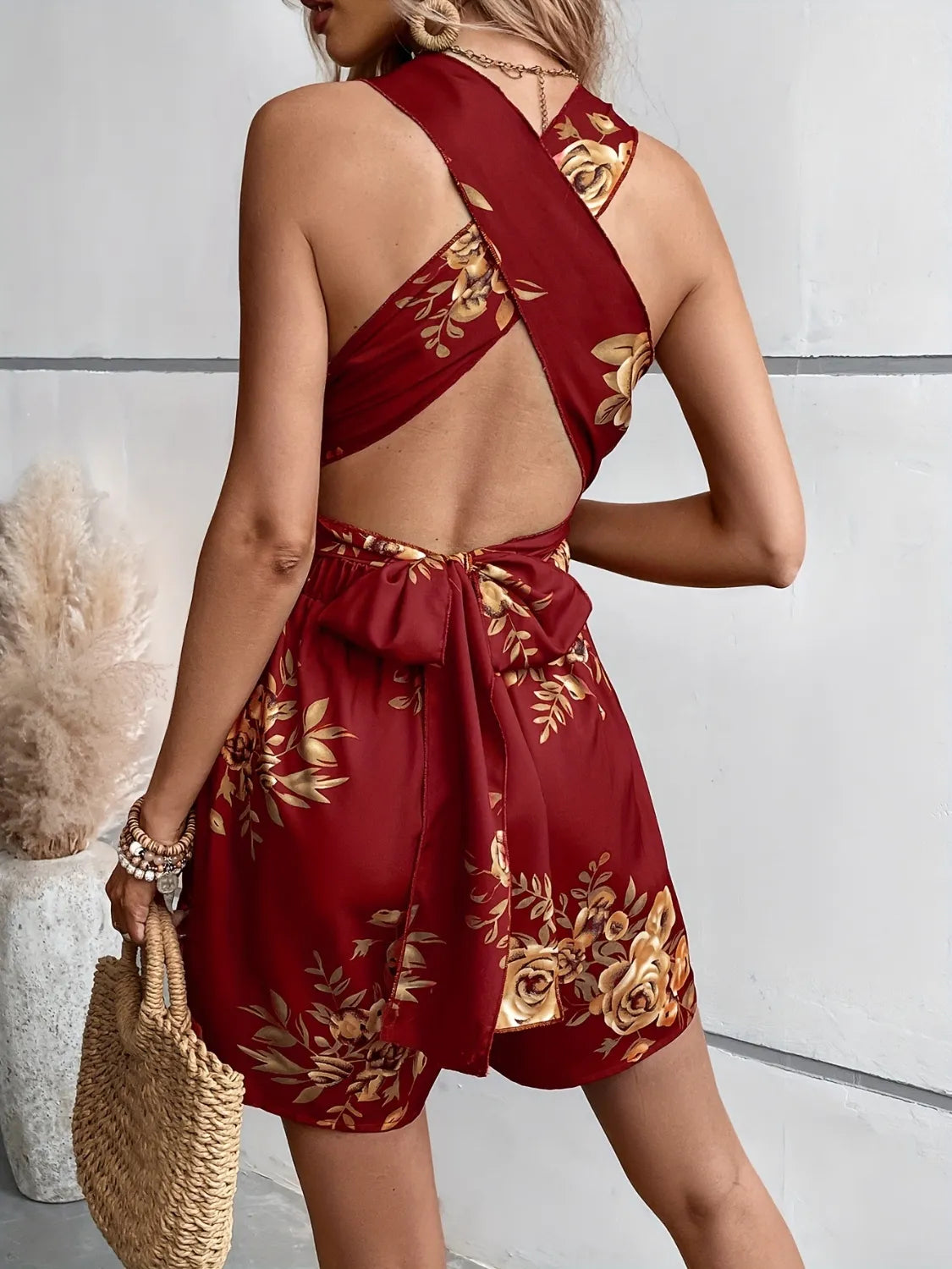 Crisscross Back Printed Romper Trendsi