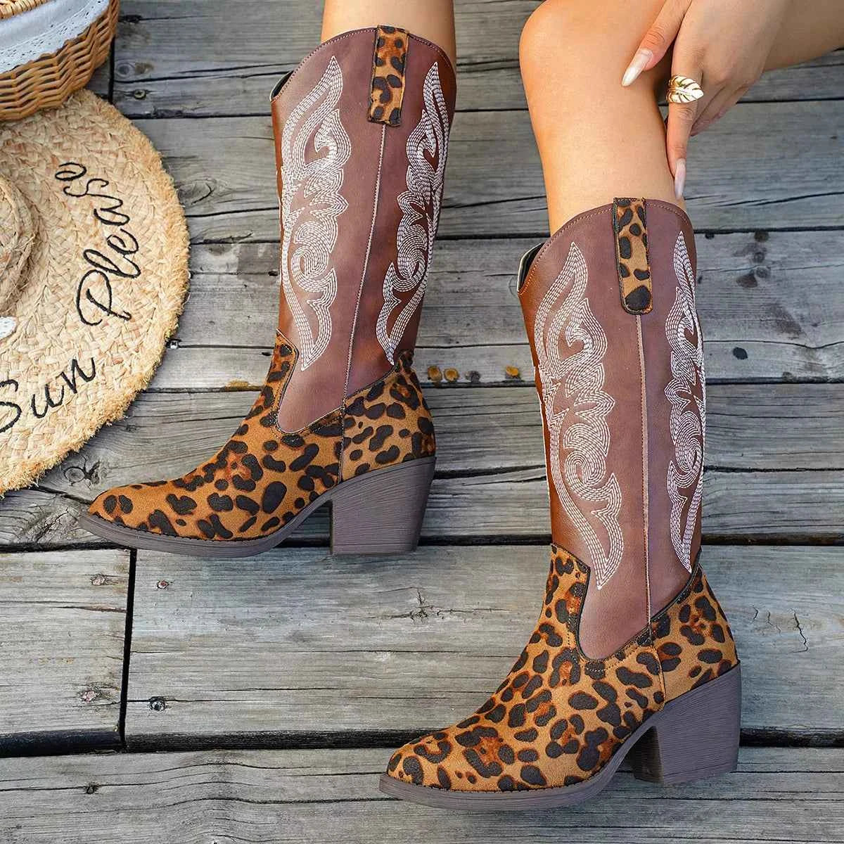 Western Embroidered Mid-Calf Boots Trendsi