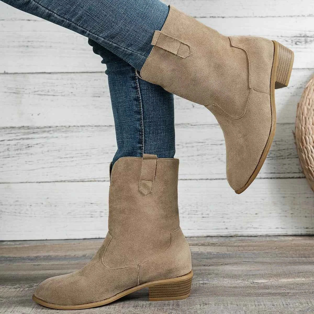 Suede Block Heel Western Boots Khaki Trendsi