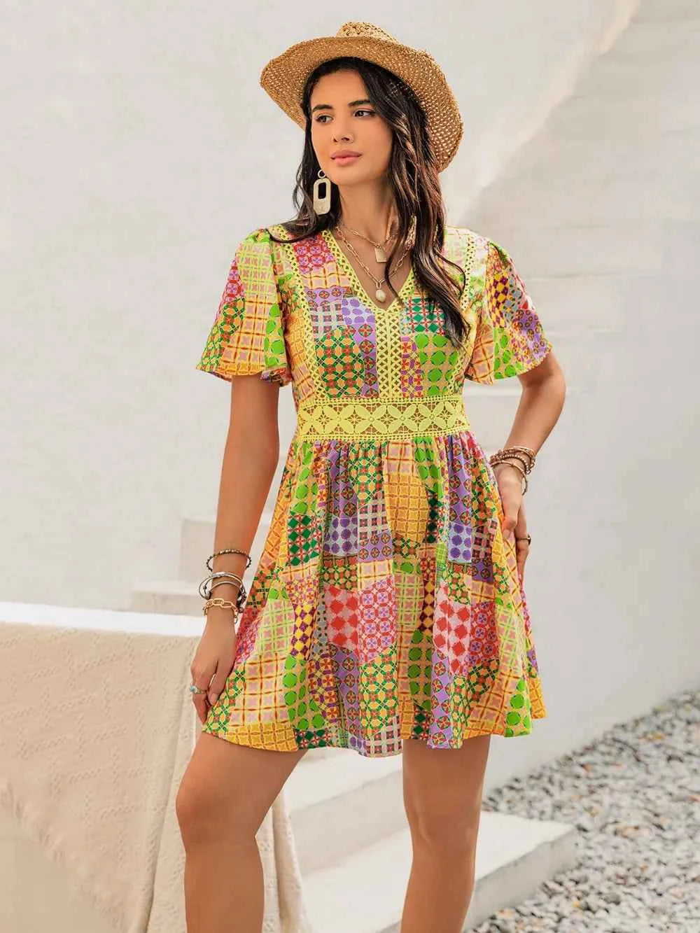 Crochet Trim Printed V-Neck Short Sleeve Mini Dress Trendsi