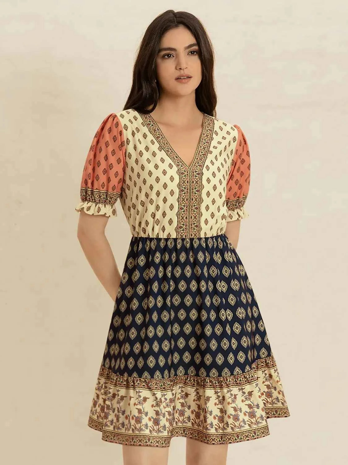 Printed V-Neck Dress with Short Sleeves Trendsi