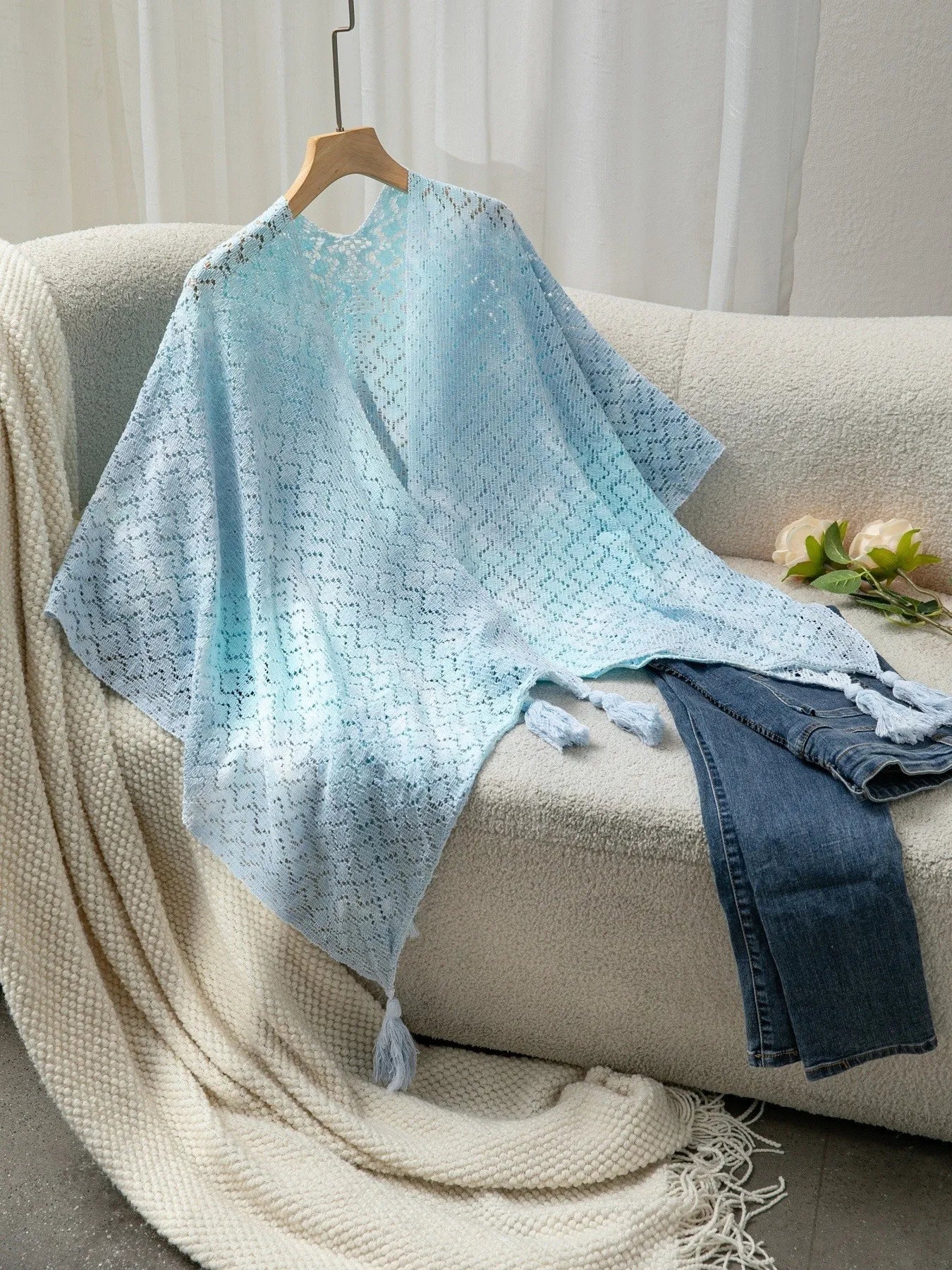 Openwork Tassel Gradient Knit Cover Up Light Blue One-size Trendsi
