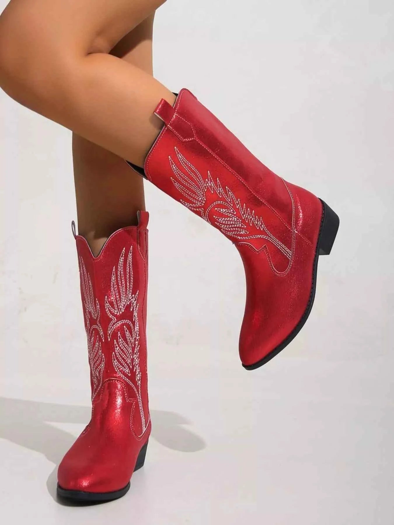 Embroidered Block Heels Boots Trendsi