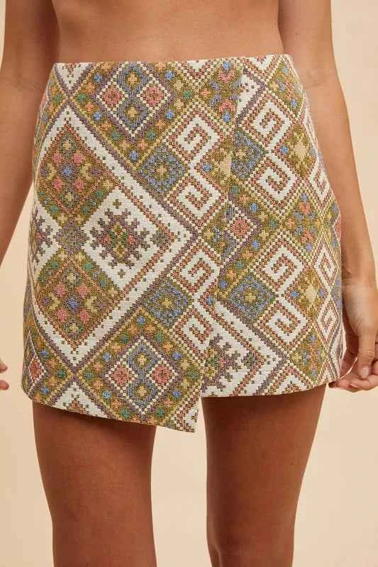 Annie Wear Ethic Woven Jacquard Wrap Mini Skirt YELLOW GREEN MULTI Trendsi