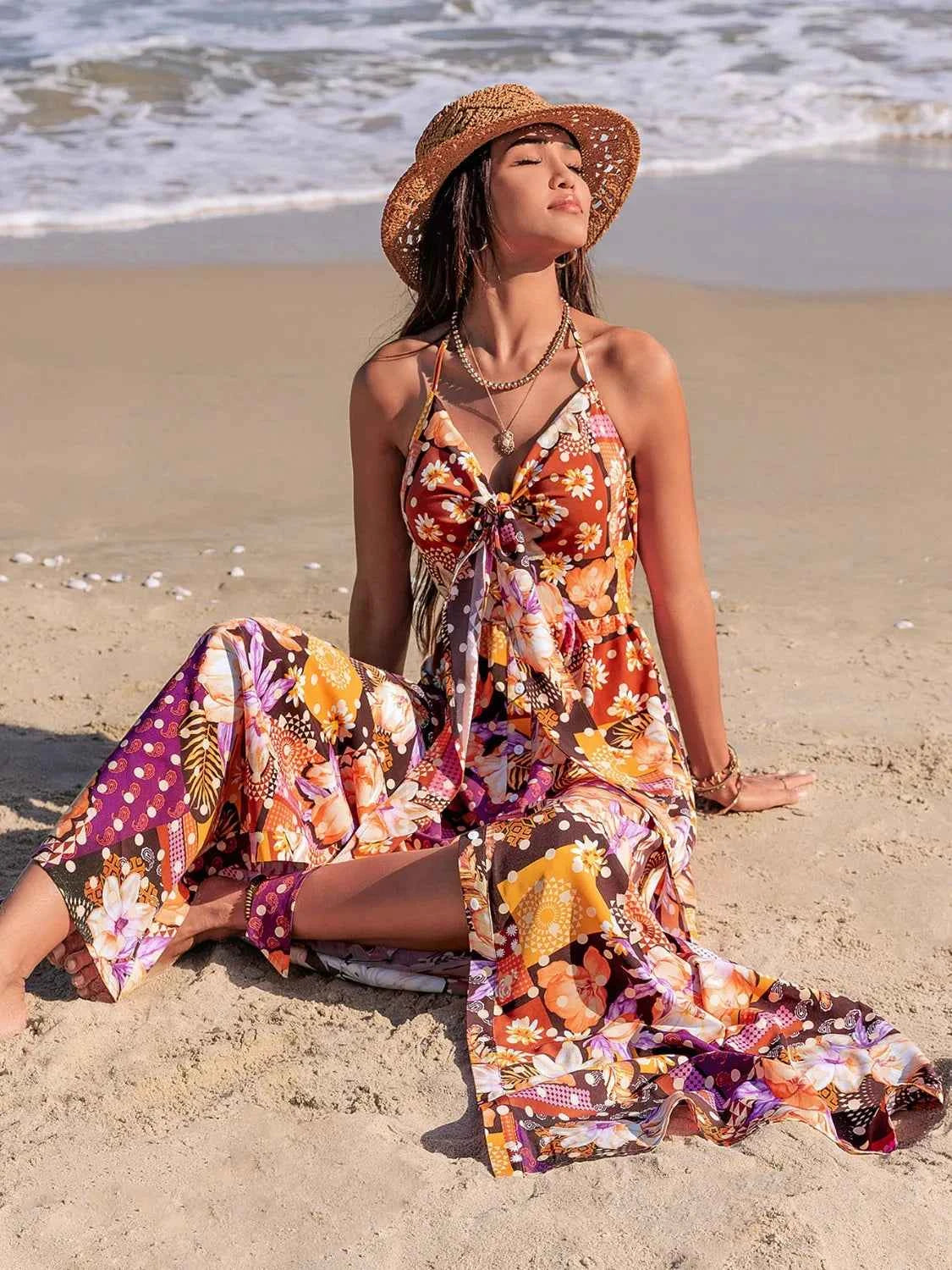 Slit Printed Halter Neck Cami Dress Trendsi