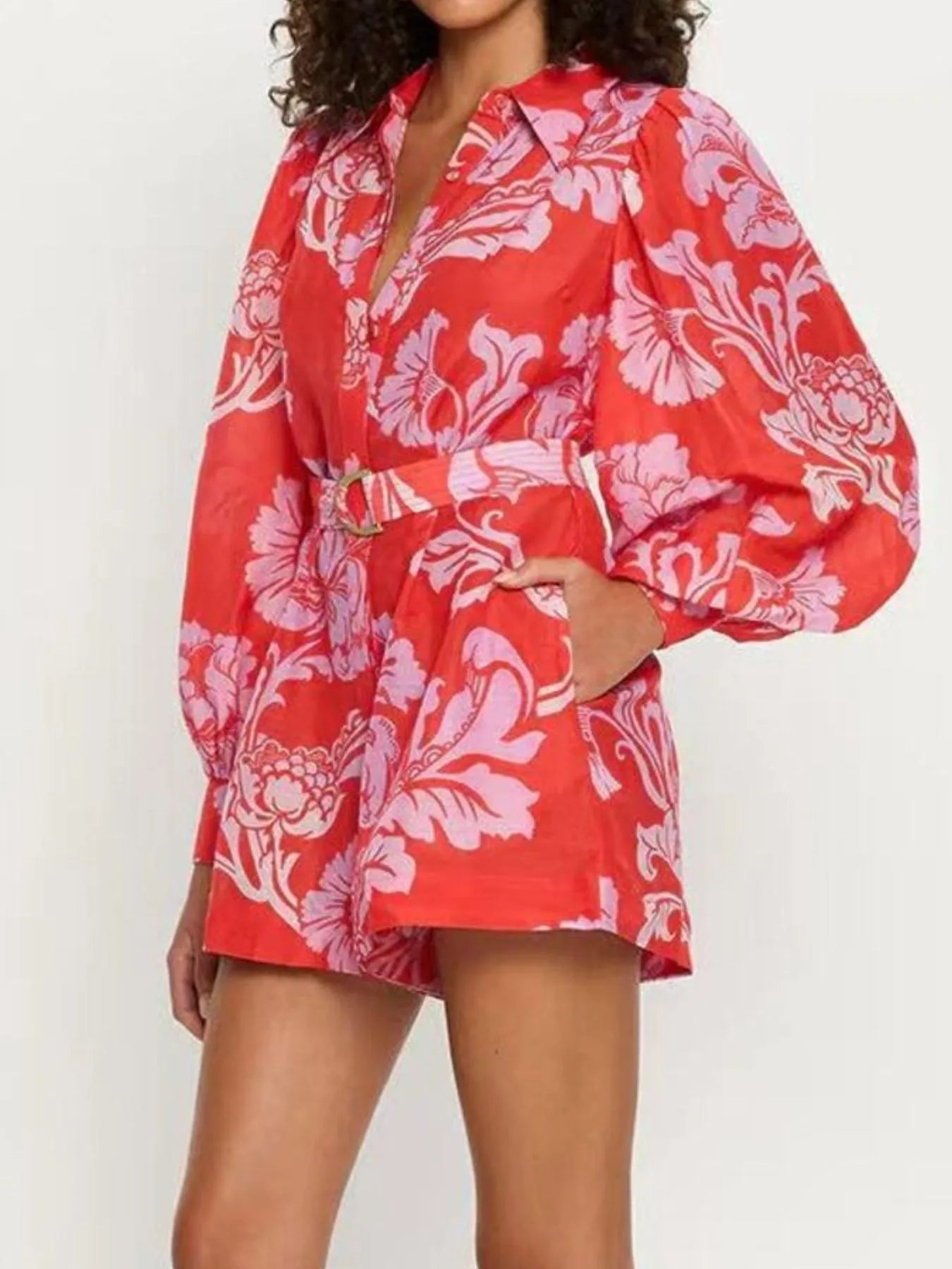 Printed Long Sleeve Belted Romper Trendsi