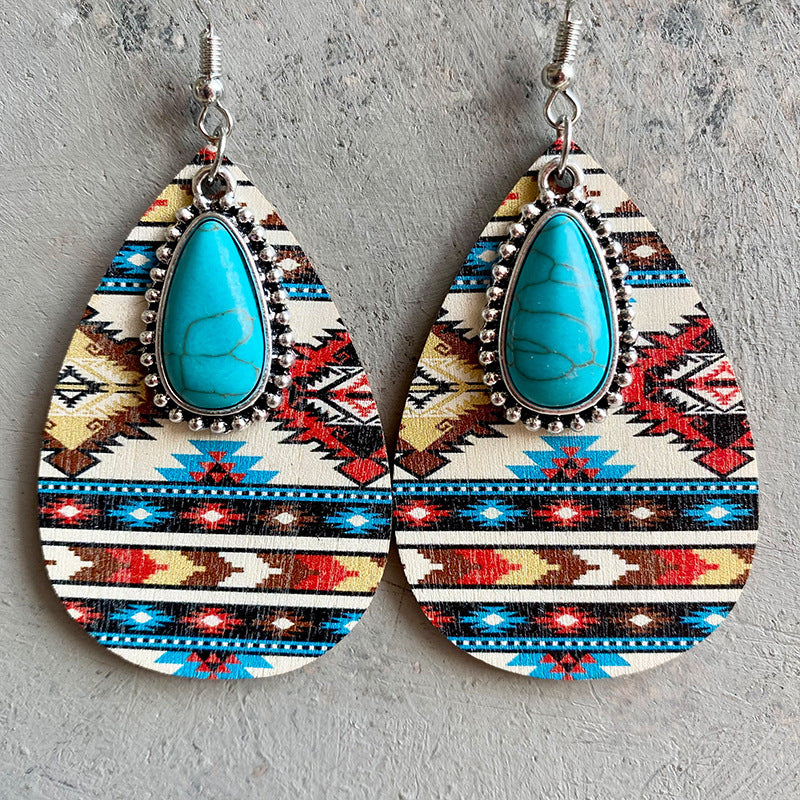 Turquoise Teardrop Shape Wooden Dangle Earrings Style C One Size Trendsi