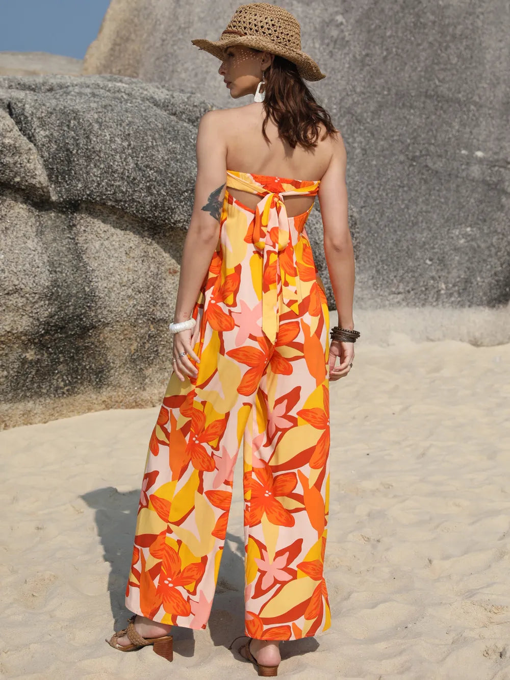 Tied Printed Tube Wide Leg Jumpsuit Tangerine Trendsi