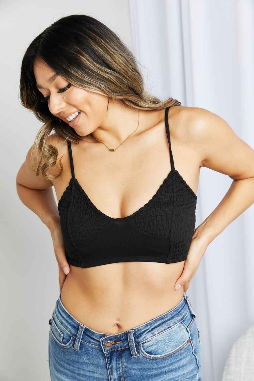 Zenana Full Size Textured Spaghetti Strap Bralette in Black Black Trendsi