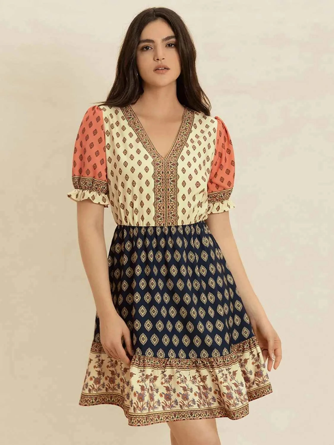 Printed V-Neck Dress with Short Sleeves Trendsi